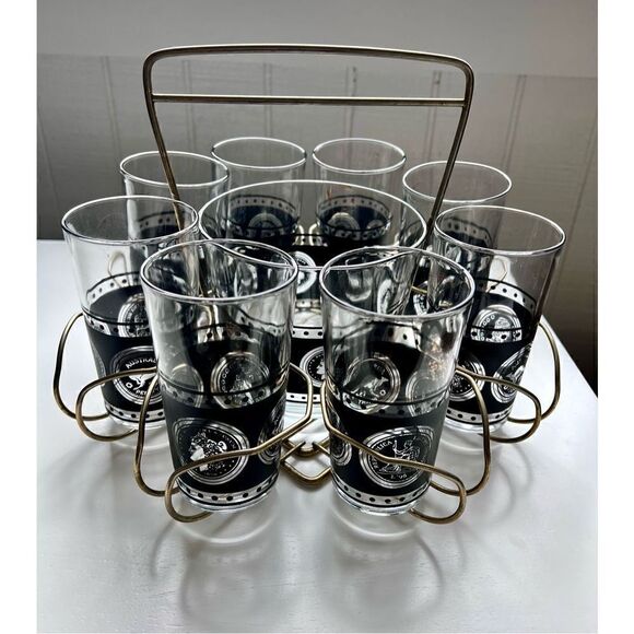 Vtg Hazel Atlas Coins Of the World 8 Glasses, Ice Bucket Black Gold & Caddy MCM - Picture 2 of 16